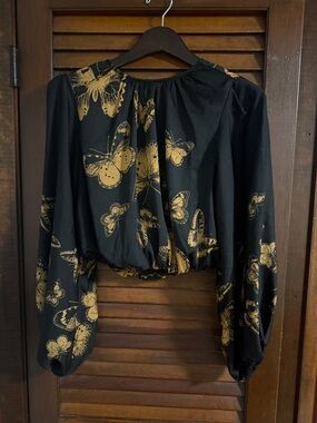 Anthropologie Black Blouse with Gold Butterfly Print
